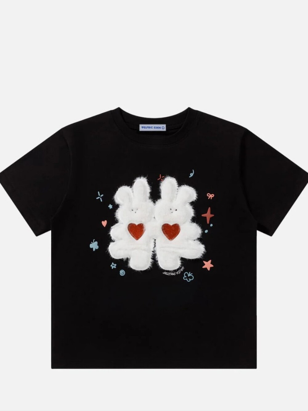 Black Womens Graphic Tee with Fuzzy Twin Bunny Heart Design